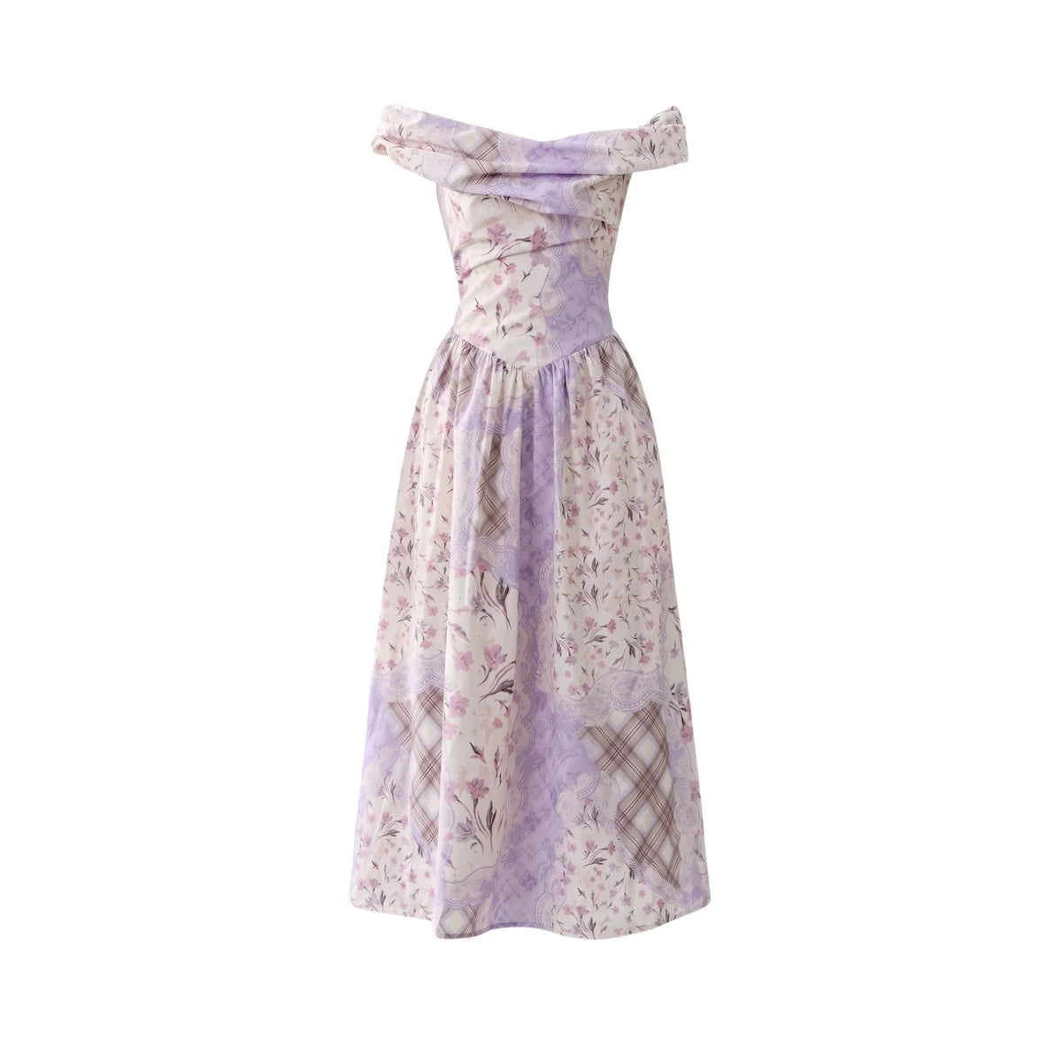 Purple Mist Plaid Off-Shoulder Dress