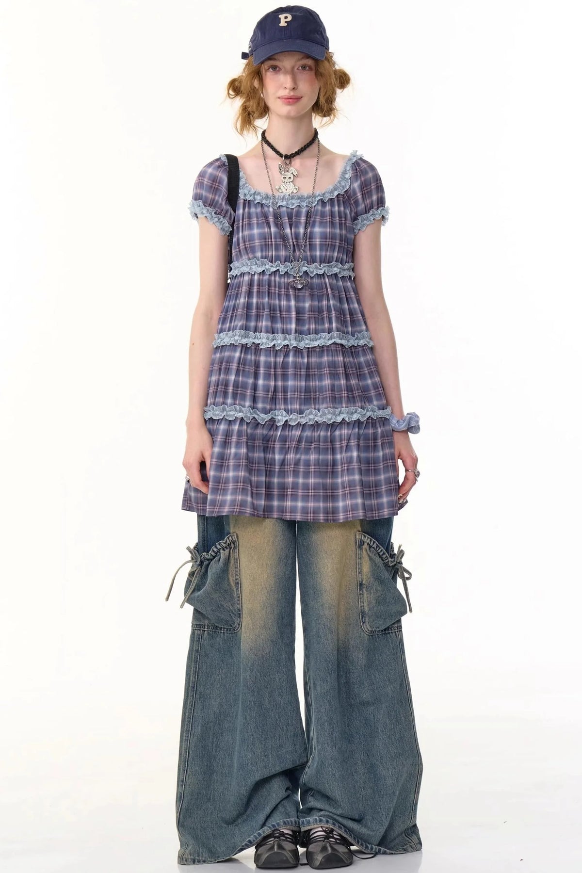 Purple Plaid Puff Sleeve Dress