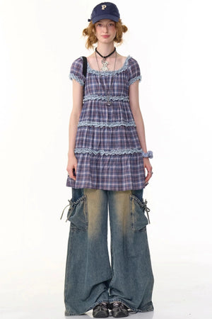 Purple Plaid Puff Sleeve Dress