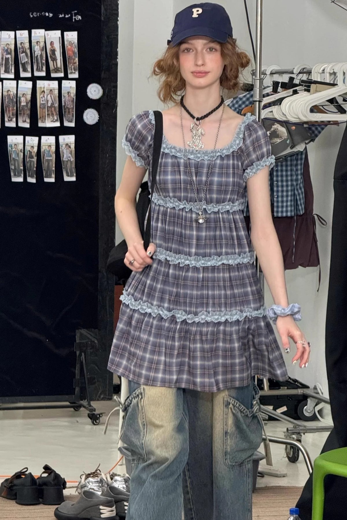 Purple Plaid Puff Sleeve Dress