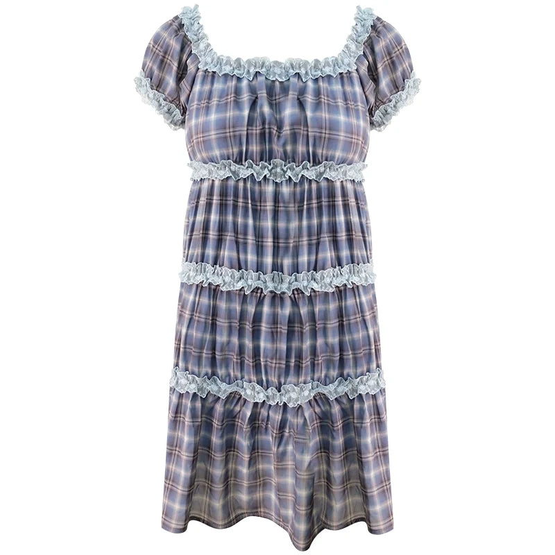Purple Plaid Puff Sleeve Dress