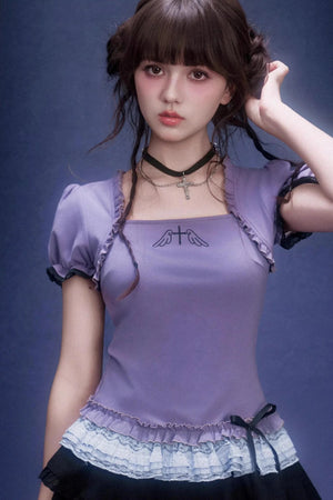 Purple Puff Sleeve Lace Top