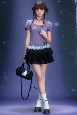 Purple Puff Sleeve Lace Top