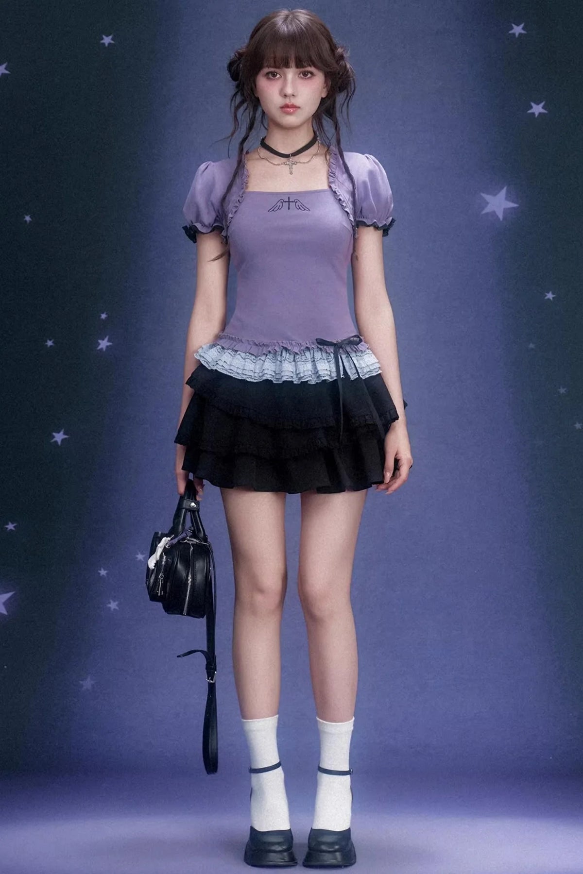 Purple Puff Sleeve Lace Top