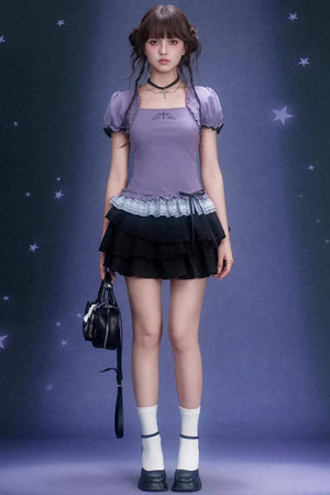 Purple Puff Sleeve Lace Top