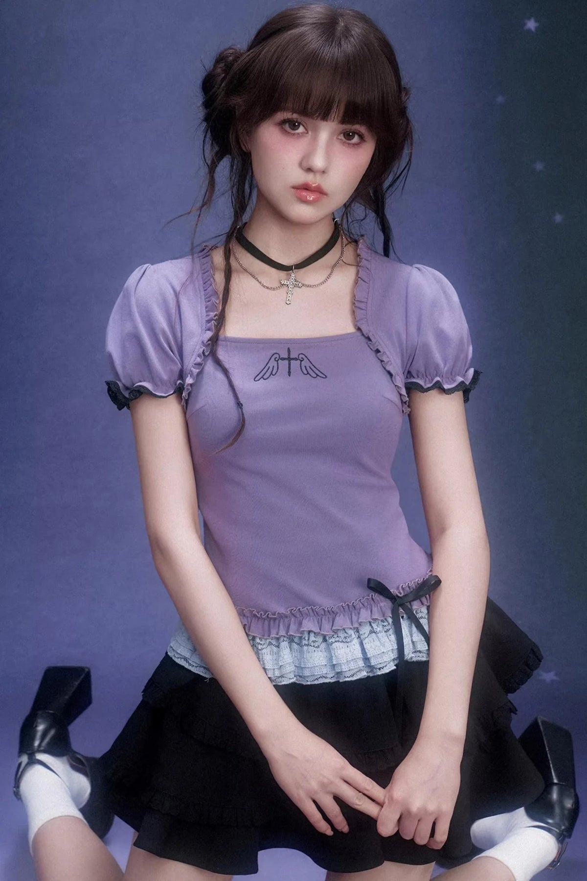 Purple Puff Sleeve Lace Top