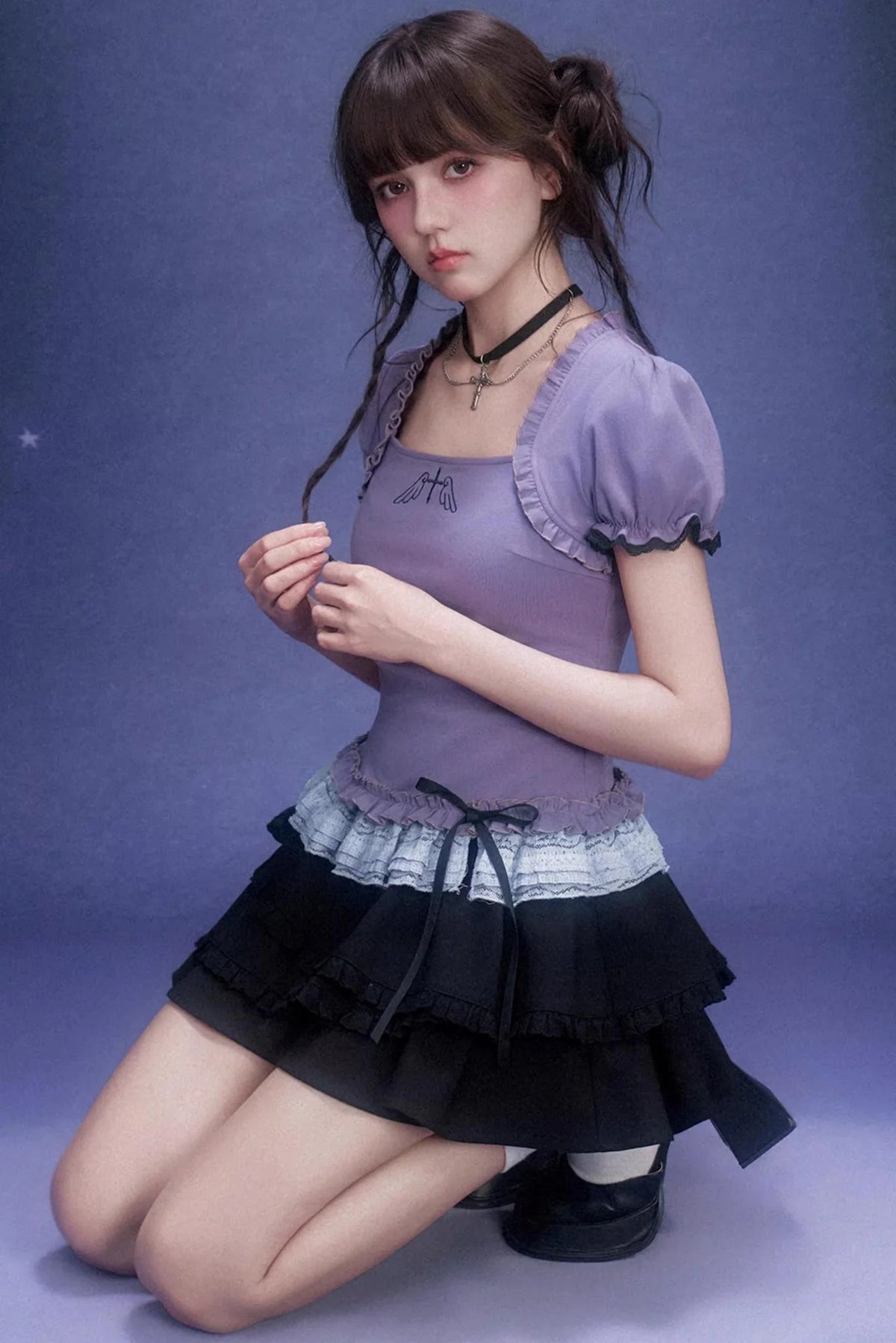 Purple Puff Sleeve Lace Top