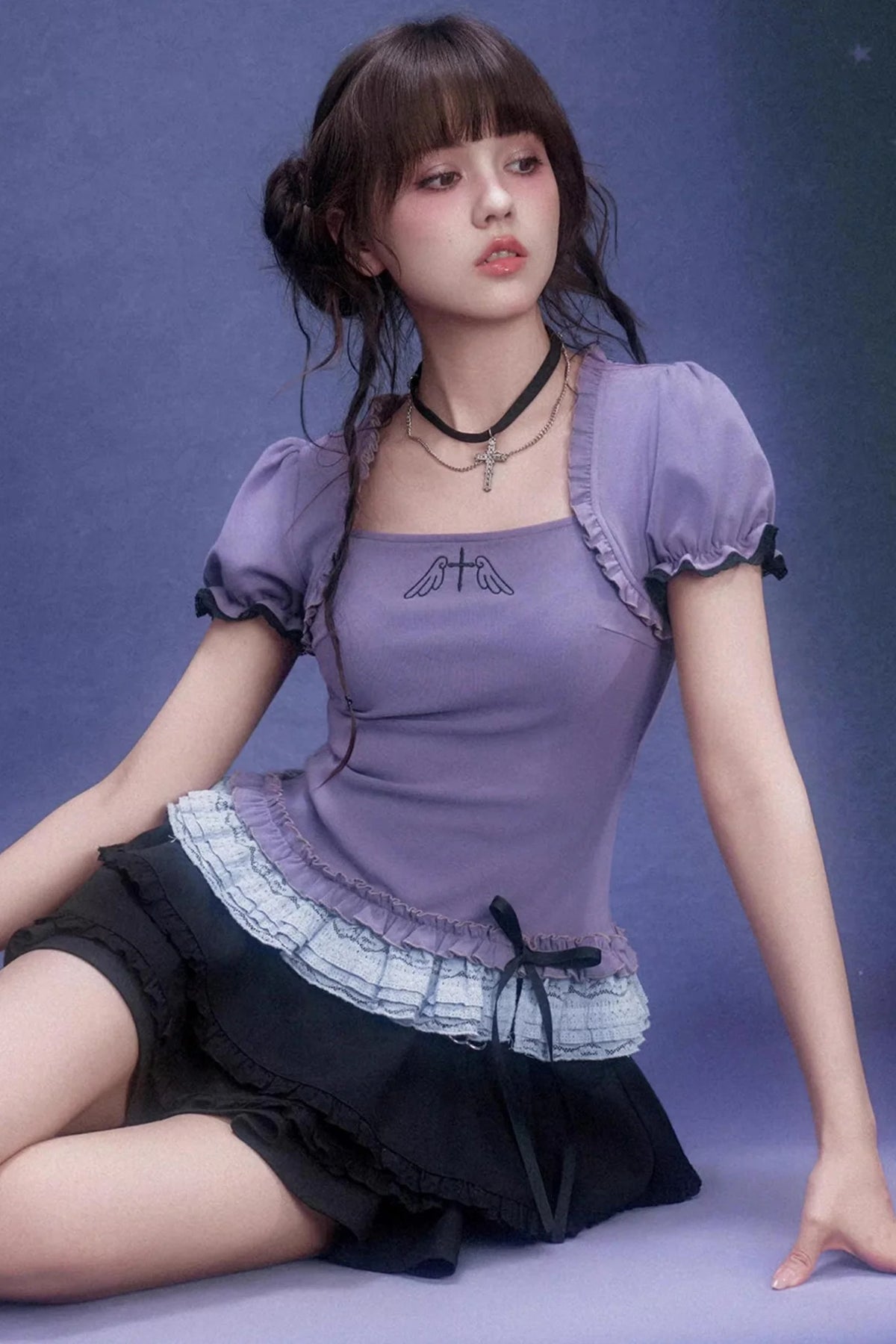 Purple Puff Sleeve Lace Top