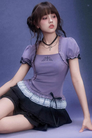 Purple Puff Sleeve Lace Top