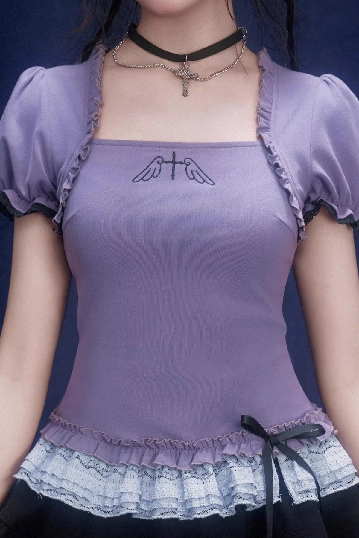 Purple Puff Sleeve Lace Top