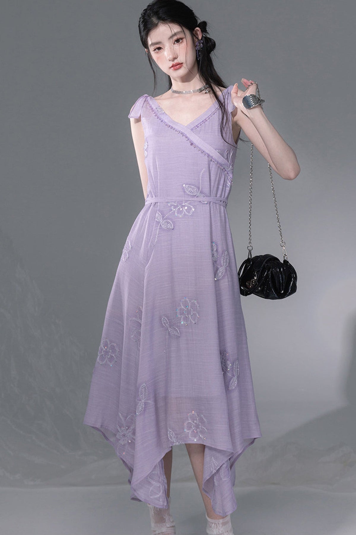 Purple Sequin Camisole And Asymmetrical Hem Dress Set