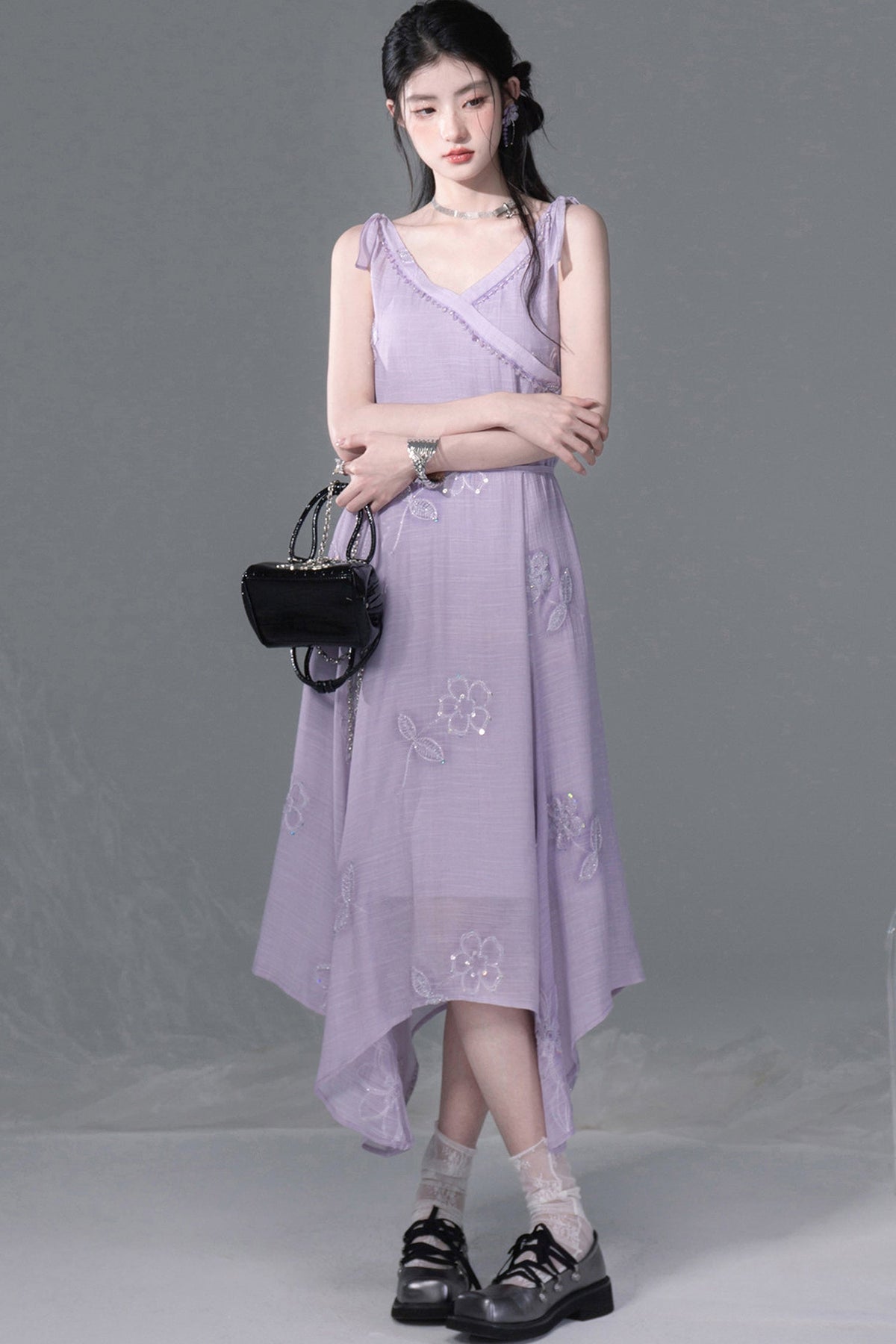 Purple Sequin Camisole And Asymmetrical Hem Dress Set