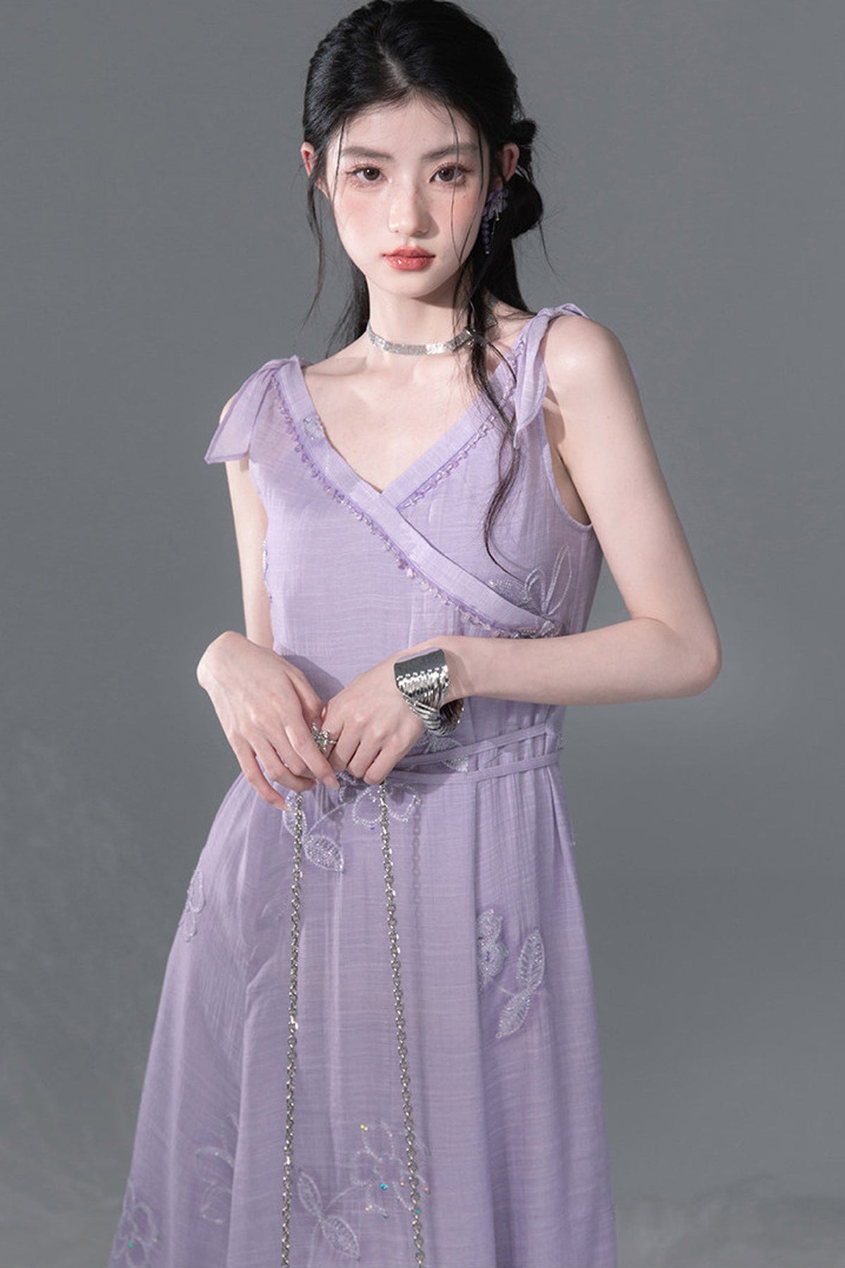 Purple Sequin Camisole And Asymmetrical Hem Dress Set