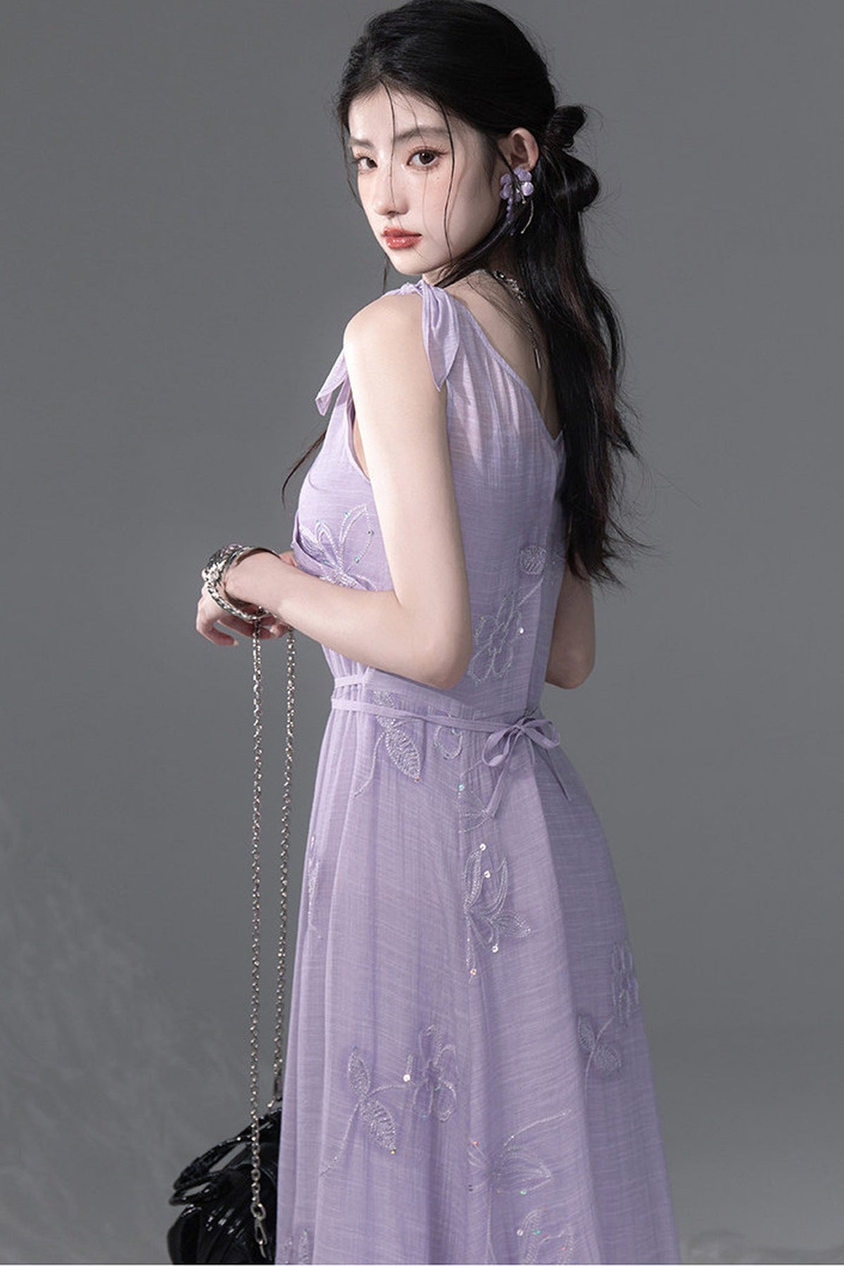 Purple Sequin Camisole And Asymmetrical Hem Dress Set
