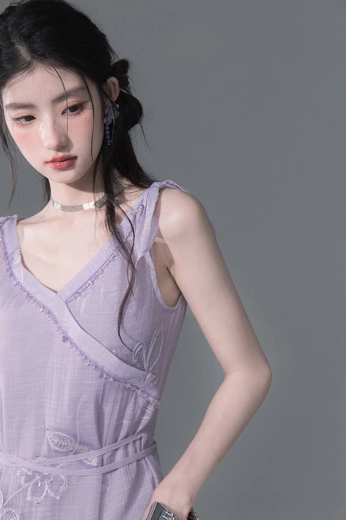 Purple Sequin Camisole And Asymmetrical Hem Dress Set
