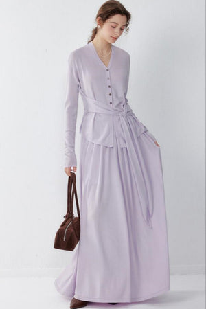 Purple Silk Blend Knit Sweater & Skirt Set-Up