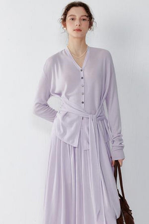 Purple Silk Blend Knit Sweater & Skirt Set-Up