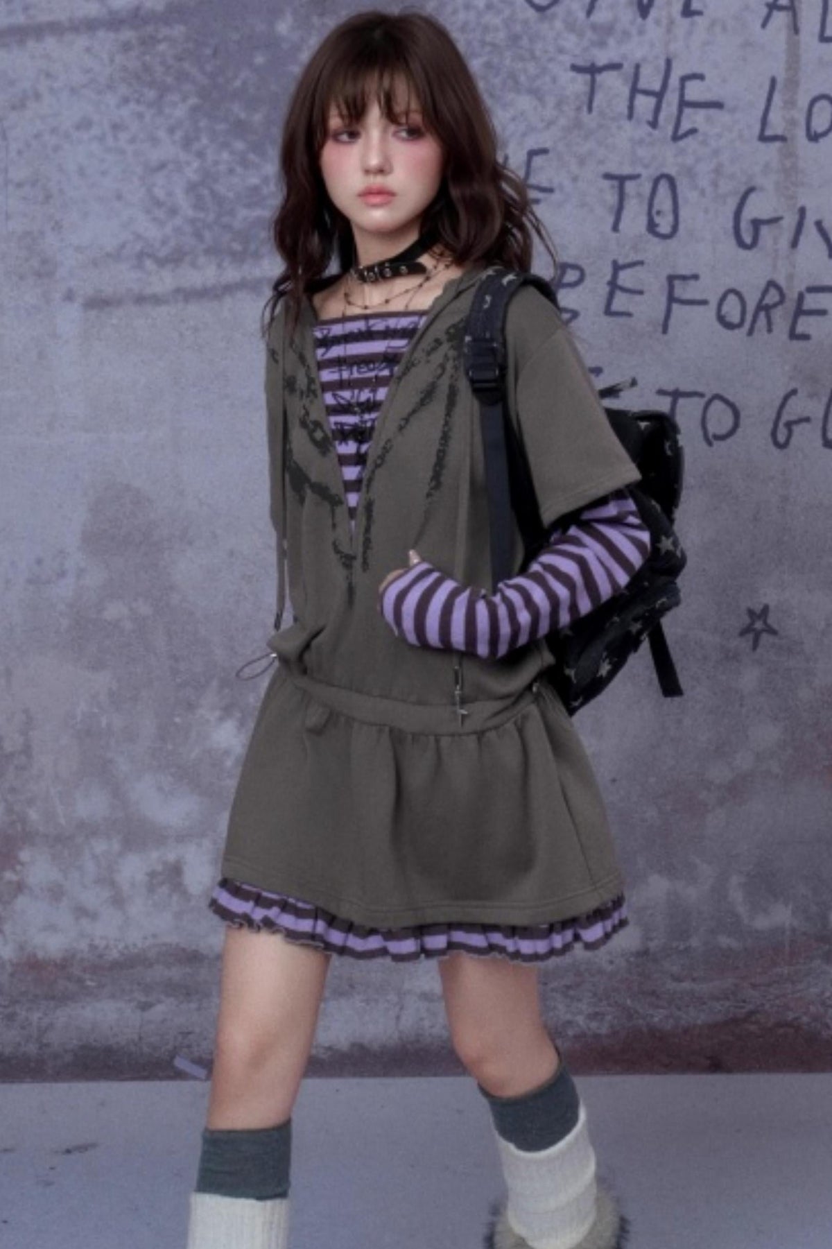 Purple Spirit Fake Two Hooded Dress