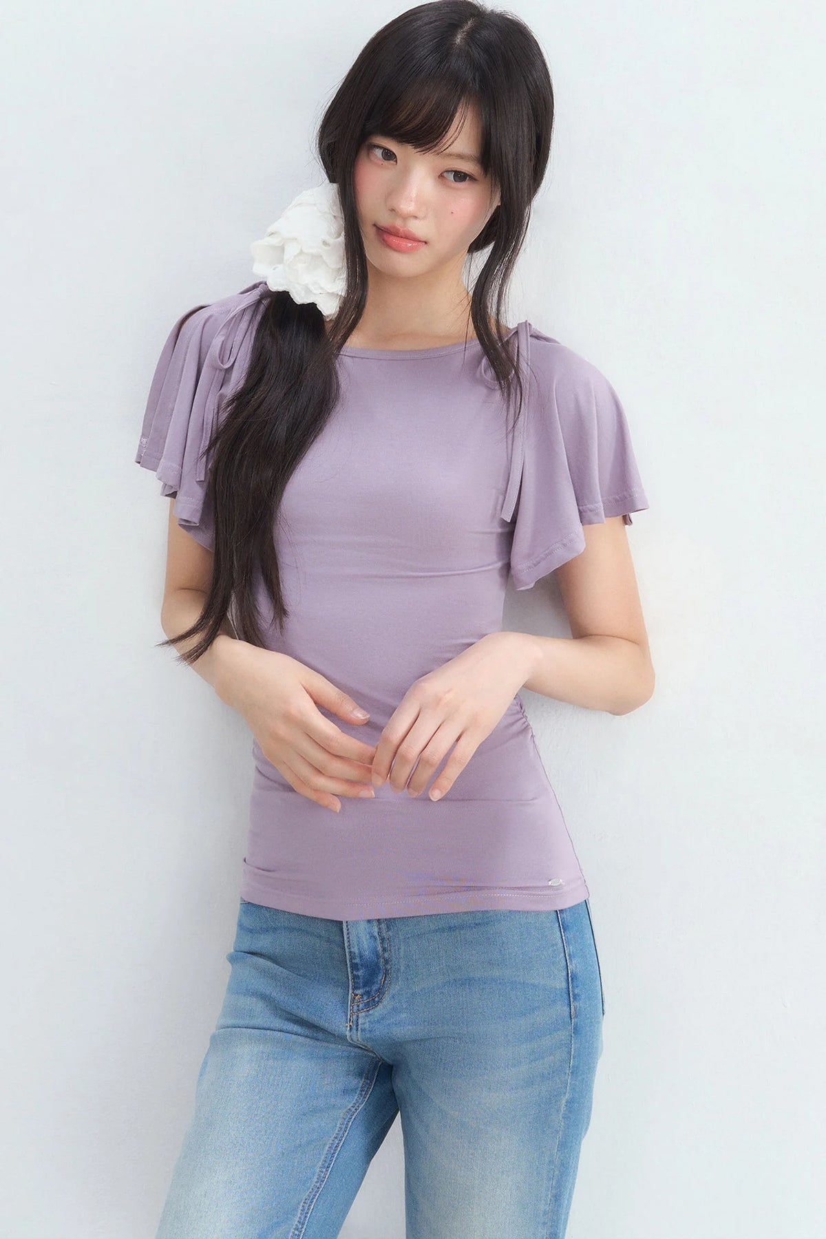 Purple Tie Flutter Sleeve Top and Denim Pants Set-Up