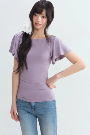 Purple Tie Flutter Sleeve Top and Denim Pants Set-Up
