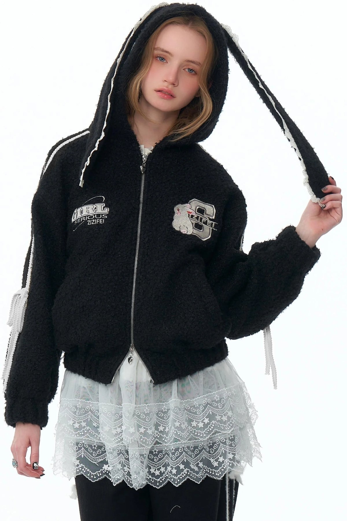 Rabbit Ears Hooded Black Tweed Jacket