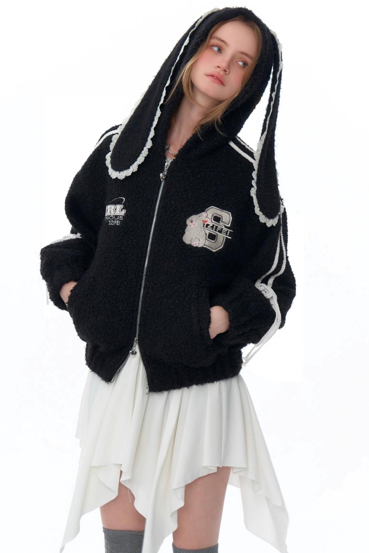 Rabbit Ears Hooded Black Tweed Jacket