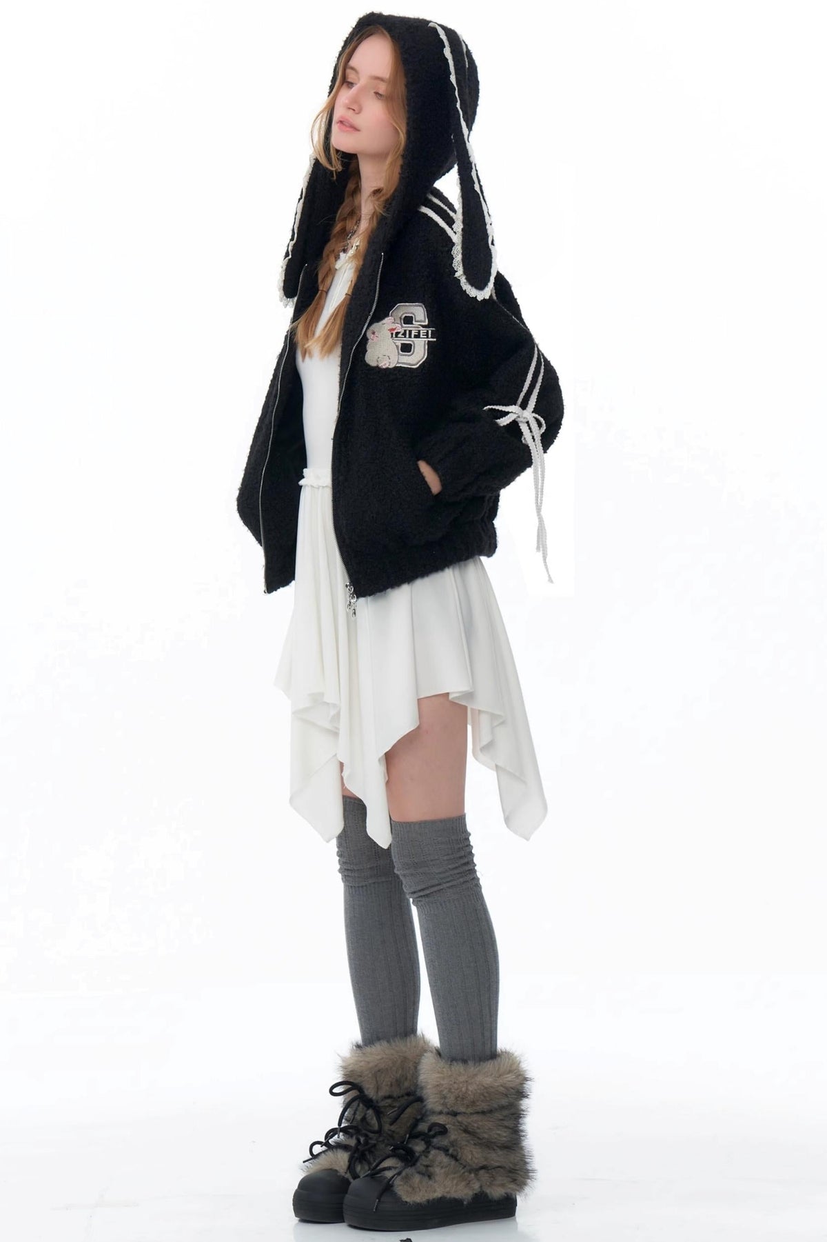 Rabbit Ears Hooded Black Tweed Jacket