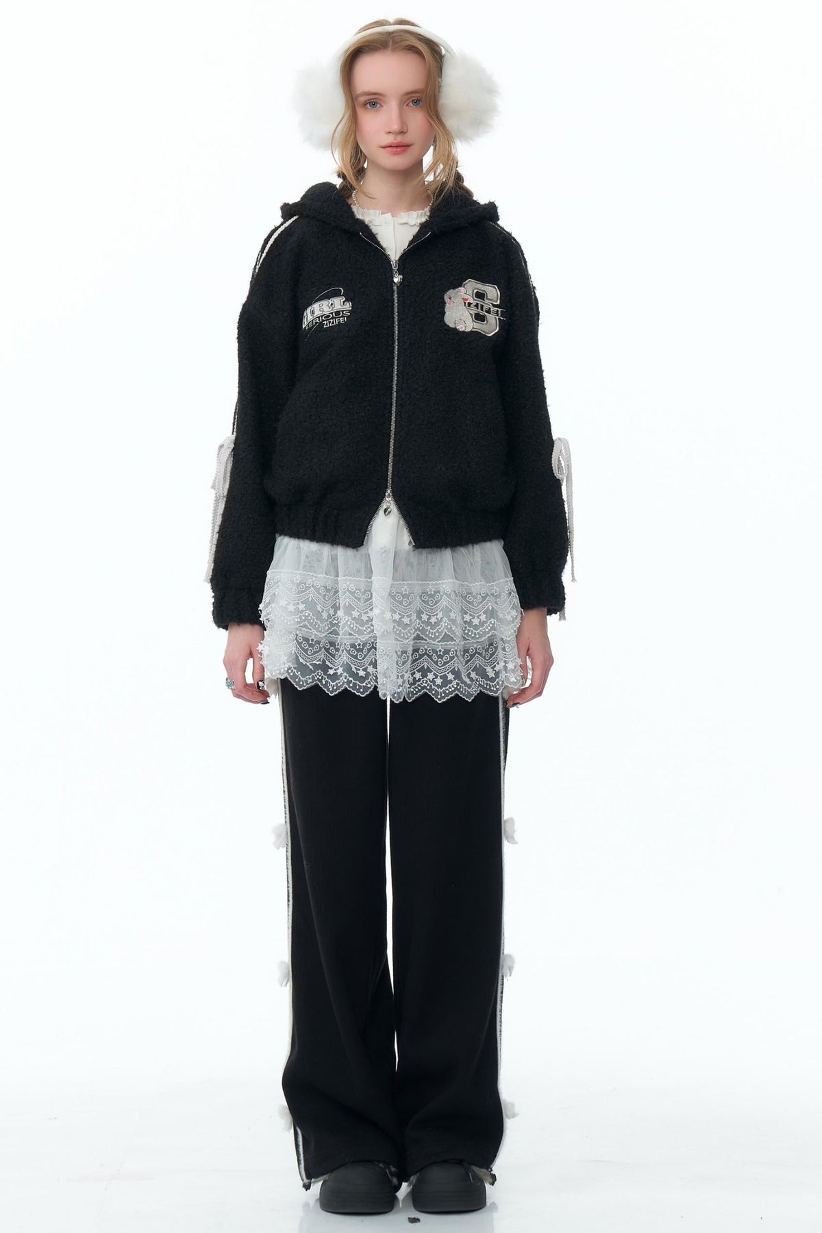 Rabbit Ears Hooded Black Tweed Jacket