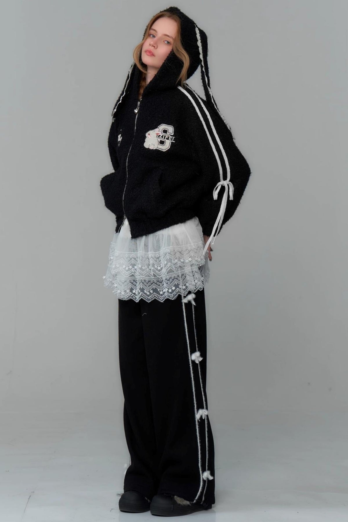 Rabbit Ears Hooded Black Tweed Jacket