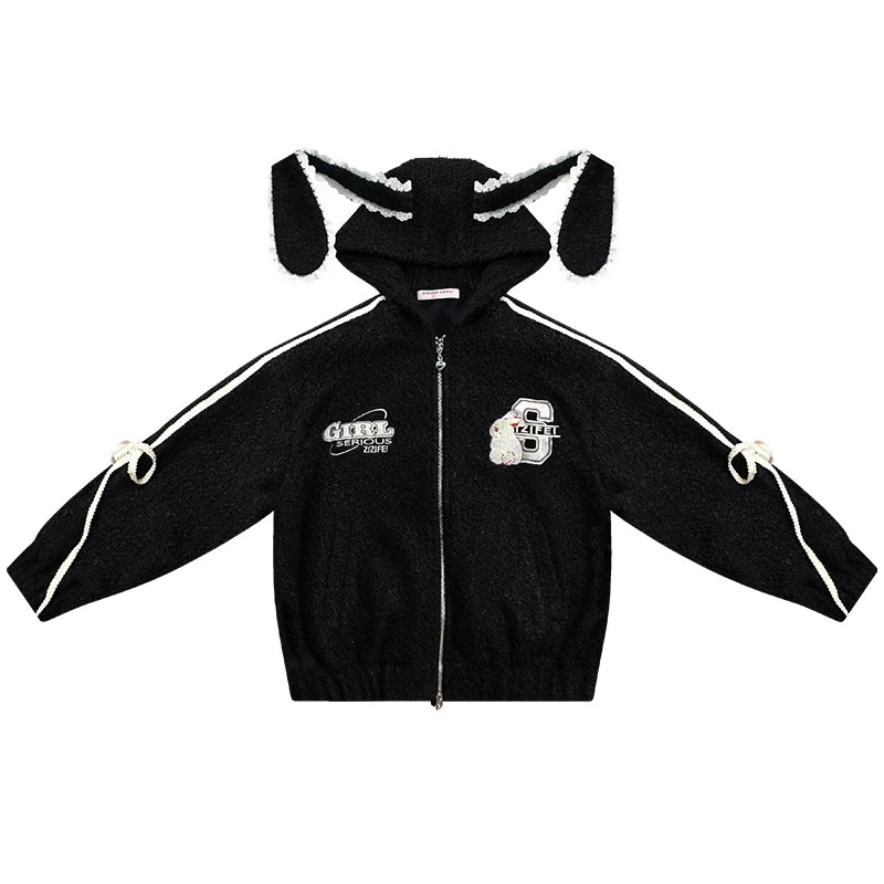Rabbit Ears Hooded Black Tweed Jacket