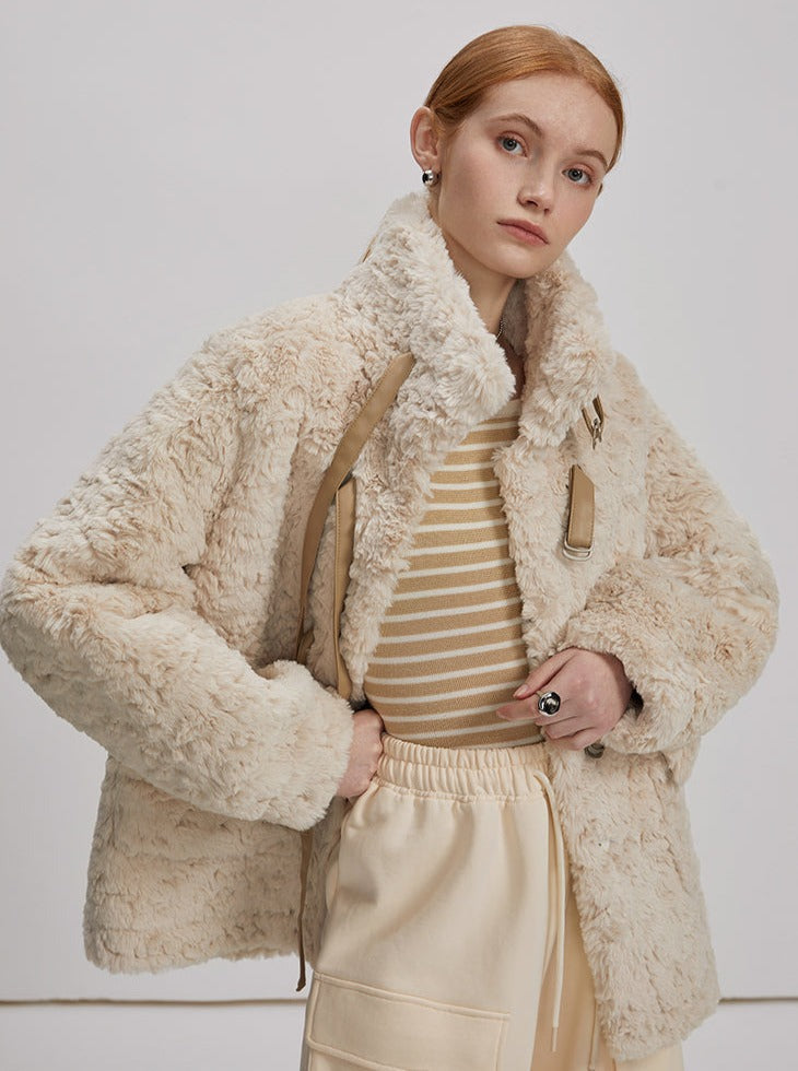 Rabbit fur stand up collar jacket