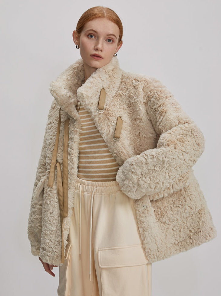 Rabbit fur stand up collar jacket