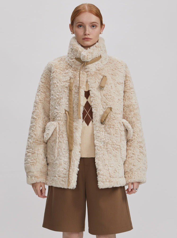 Rabbit fur stand up collar jacket