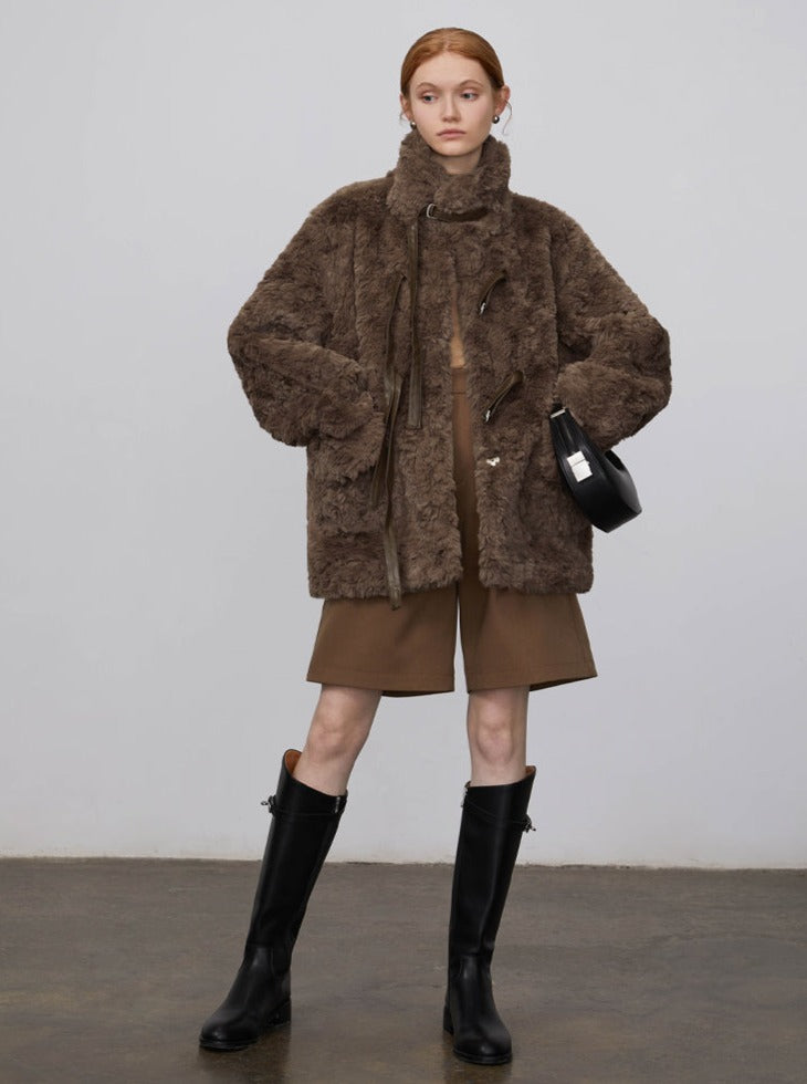 Rabbit fur stand up collar jacket