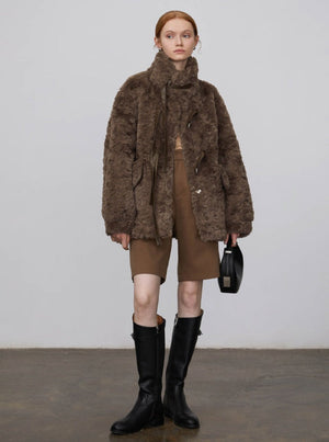Rabbit fur stand up collar jacket