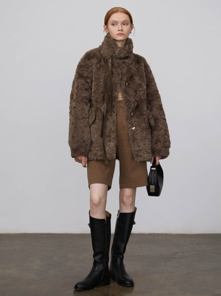 Rabbit fur stand up collar jacket