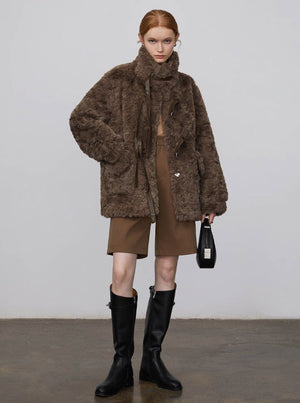 Rabbit fur stand up collar jacket