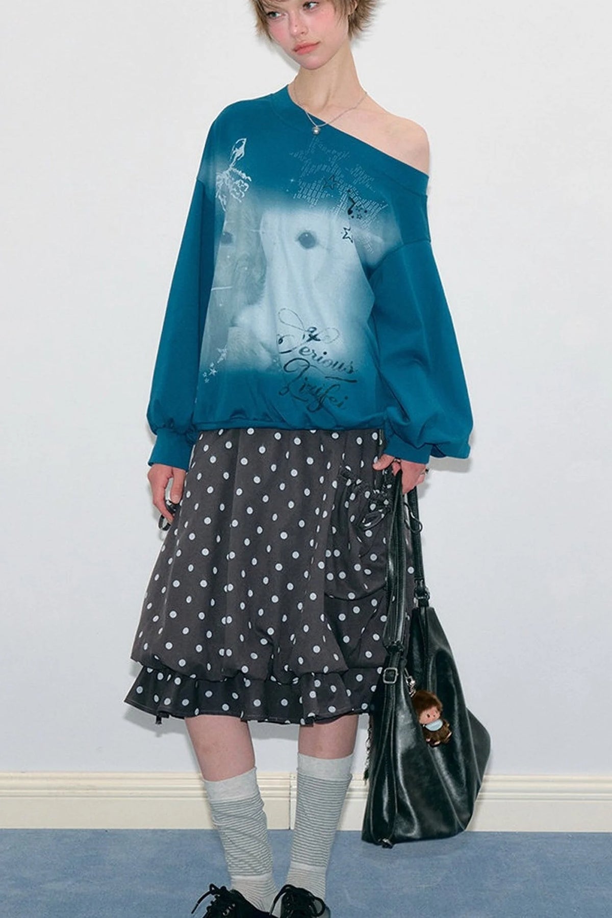 Rabbit Print Lantern Sleeve Off-Shoulder Sweatshirt