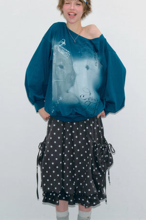Rabbit Print Lantern Sleeve Off-Shoulder Sweatshirt