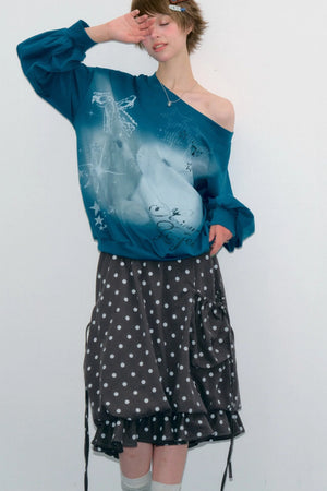 Rabbit Print Lantern Sleeve Off-Shoulder Sweatshirt