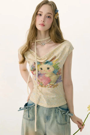 Rainbow Rabbit Off-Shoulder Knit T-Shirt