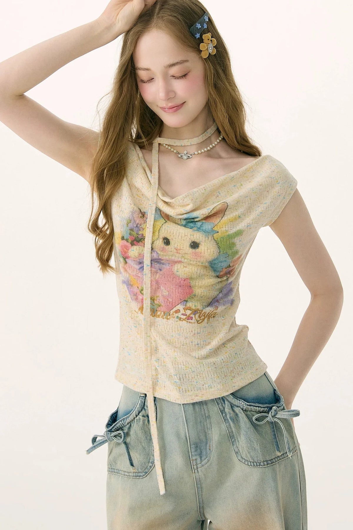Rainbow Rabbit Off-Shoulder Knit T-Shirt