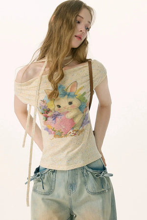 Rainbow Rabbit Off-Shoulder Knit T-Shirt