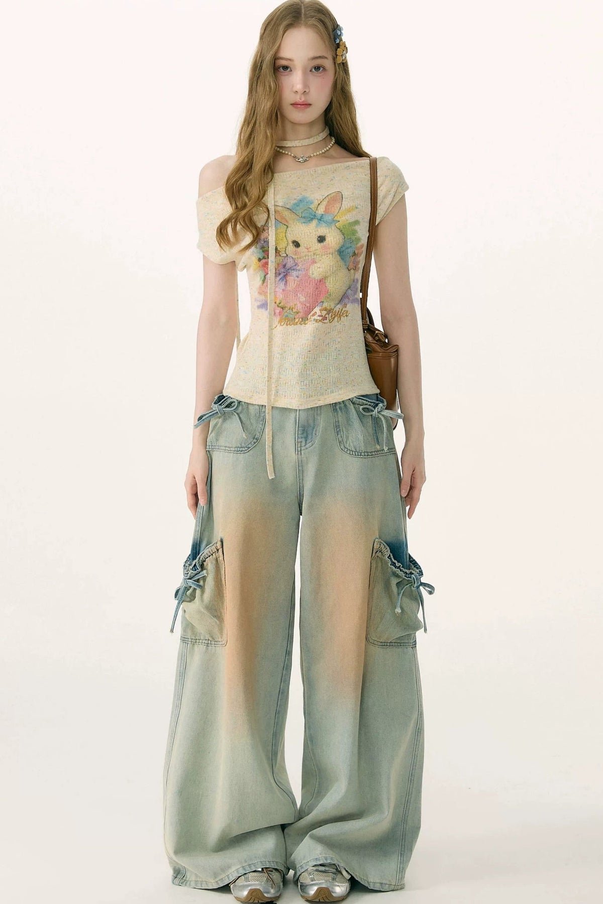 Rainbow Rabbit Off-Shoulder Knit T-Shirt