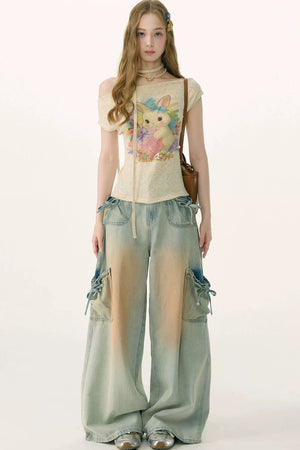 Rainbow Rabbit Off-Shoulder Knit T-Shirt