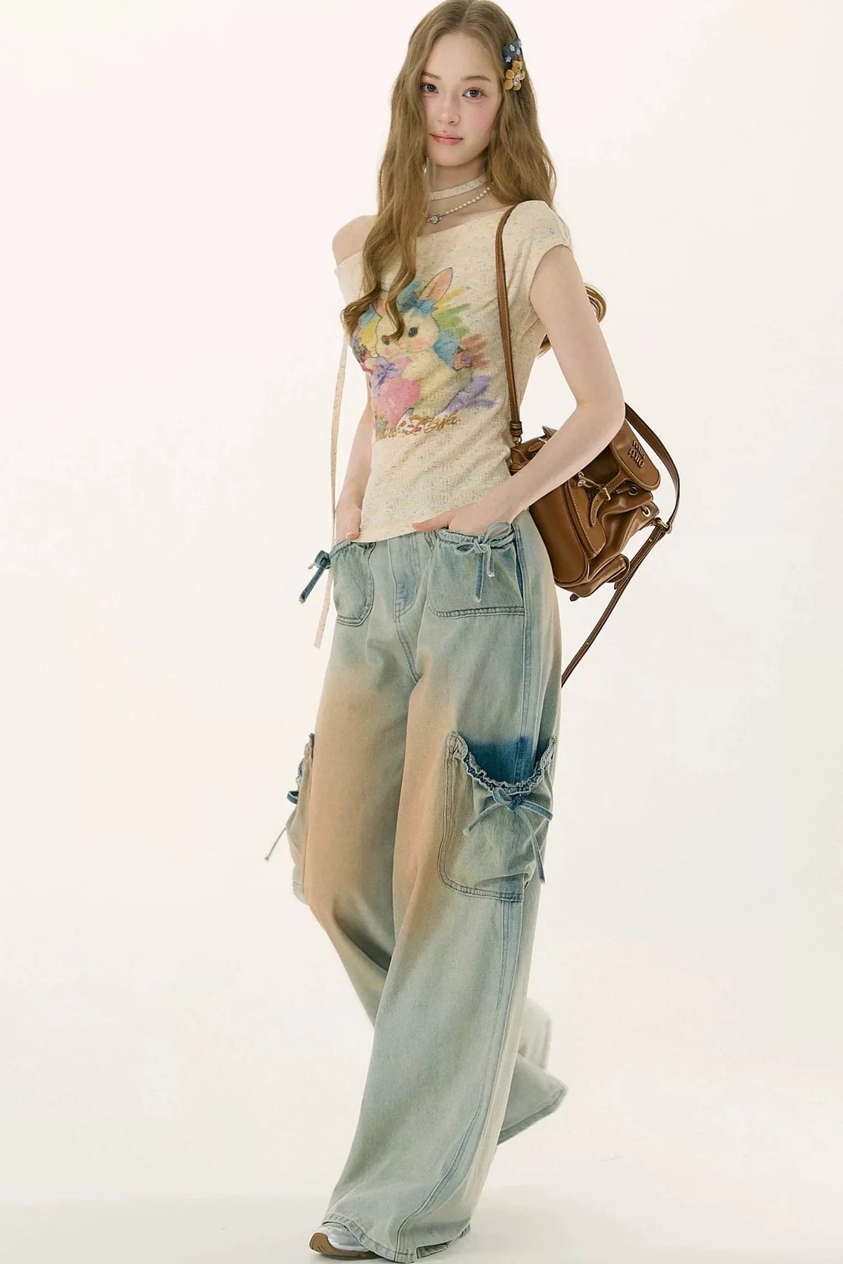 Rainbow Rabbit Off-Shoulder Knit T-Shirt
