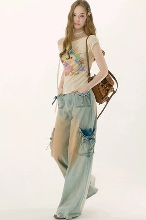 Rainbow Rabbit Off-Shoulder Knit T-Shirt