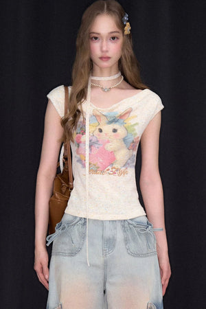 Rainbow Rabbit Off-Shoulder Knit T-Shirt