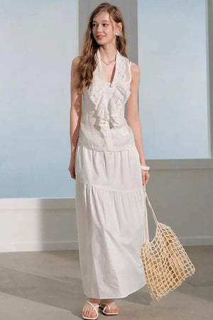 Ramie Ruffle Vest Skirt Suit Set-Up