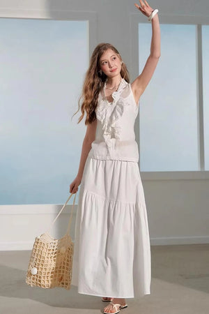 Ramie Ruffle Vest Skirt Suit Set-Up